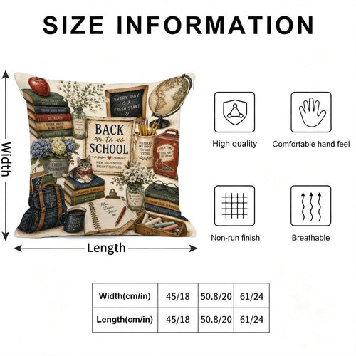 Size chart for a back to school themed decorative throw pillow with vintage illustrations.