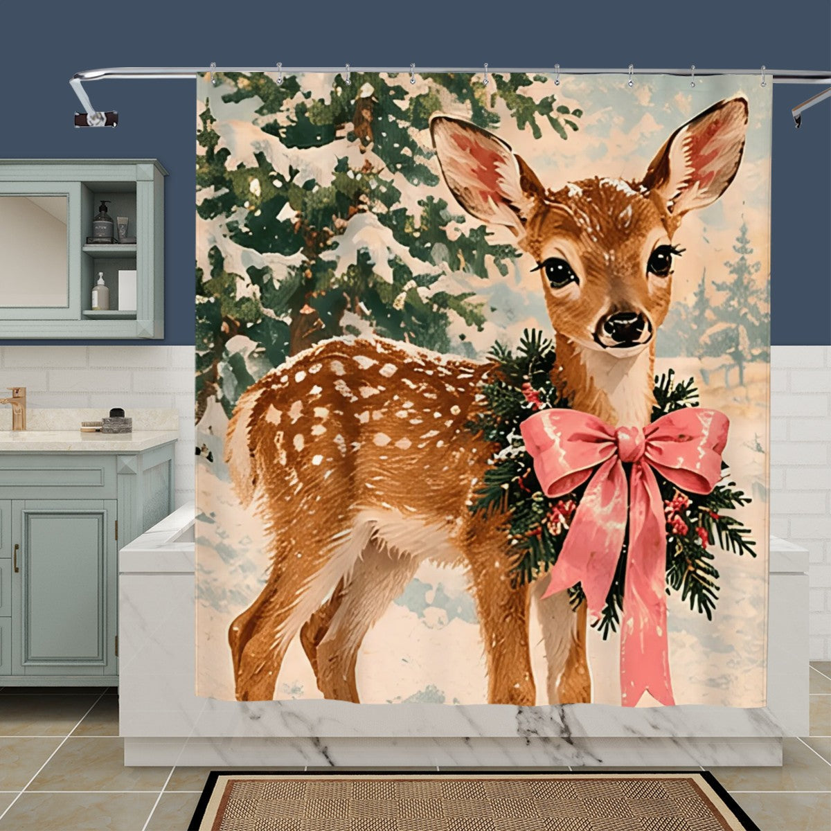 Woodland Deer Christmas Shower Curtain | Fawn with Pink Bow