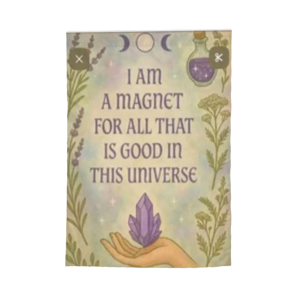 Sandy Beach garden decor flag reading "I Am A Magnet For All That Is Good" with vibrant colors and outdoor display design.