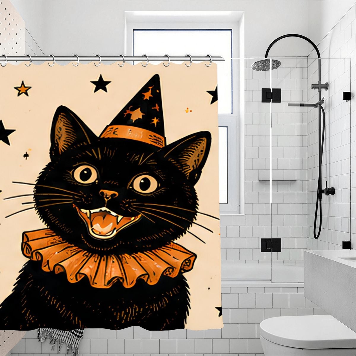 Black cat wearing a party hat and orange ruff on a decorative shower curtain.