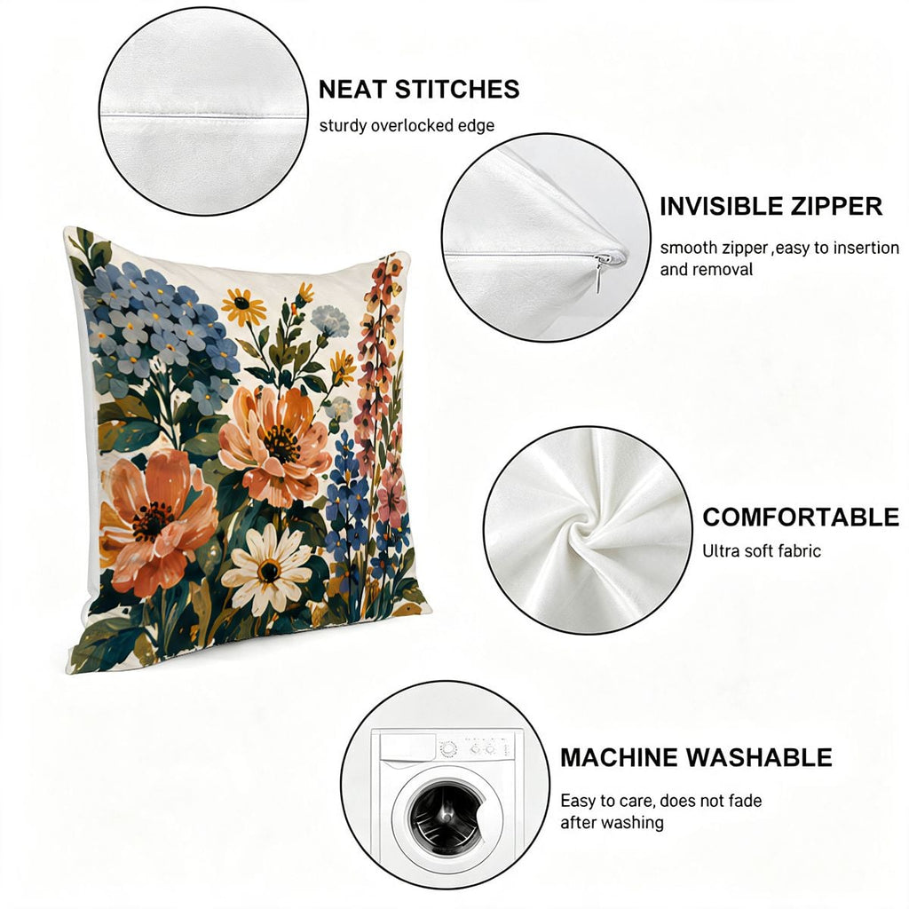 Floral pattern decorative throw pillow with invisible zipper and soft fabric details.