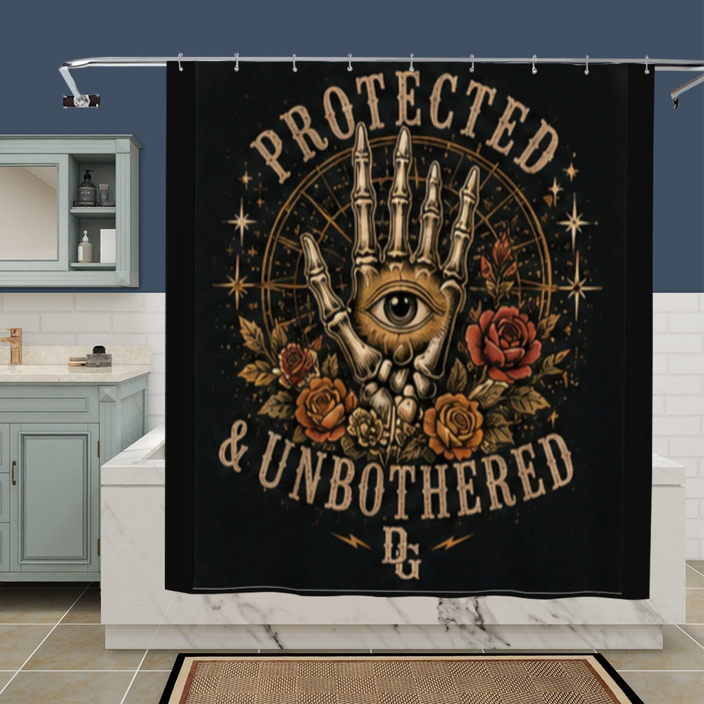 Sandy Beach bathroom decor shower curtain with ocean wave design hanging in a modern shower area.