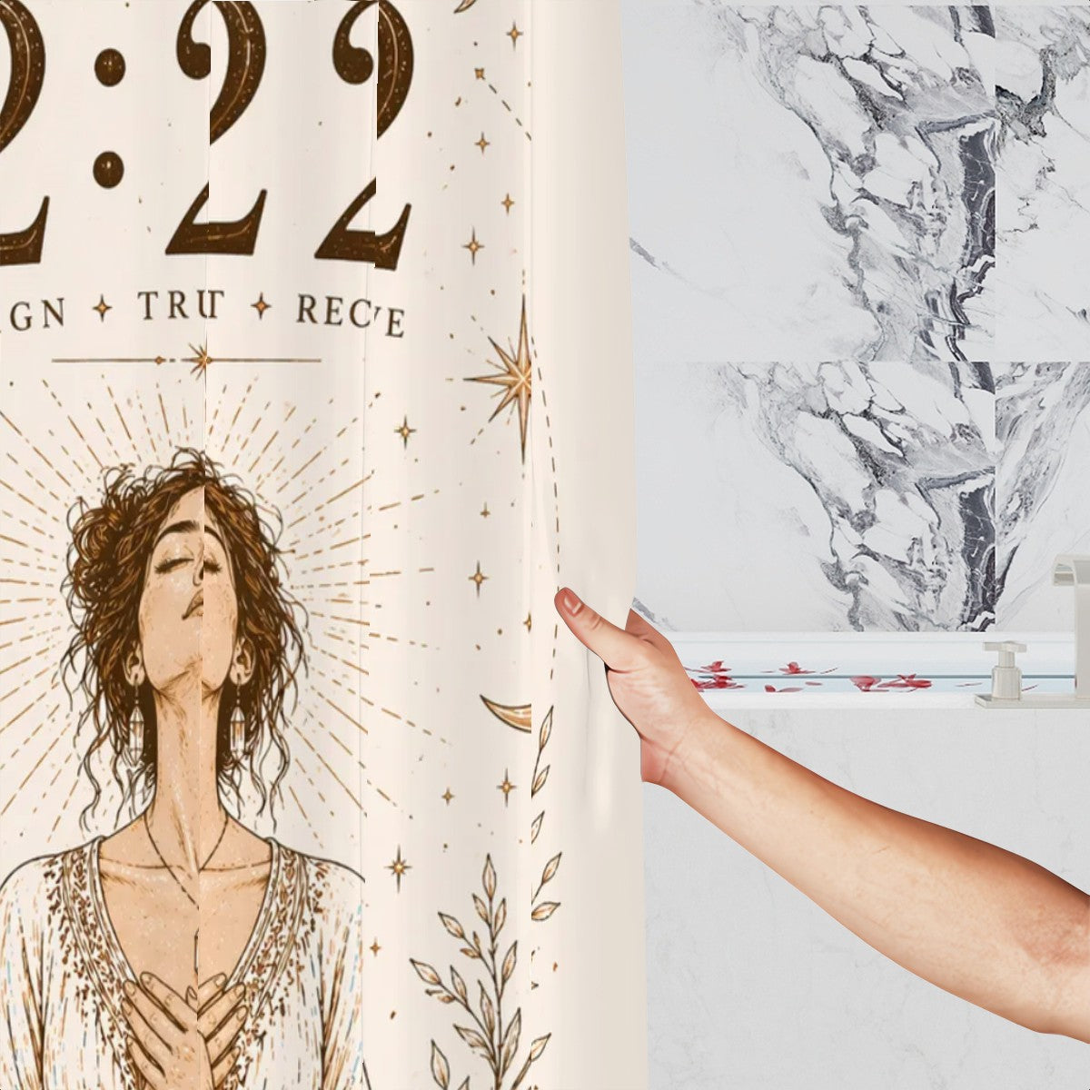 Sandy Beach 222 Angel Number shower curtain featuring spiritual divine timing and boho aesthetic for bathroom decor.
