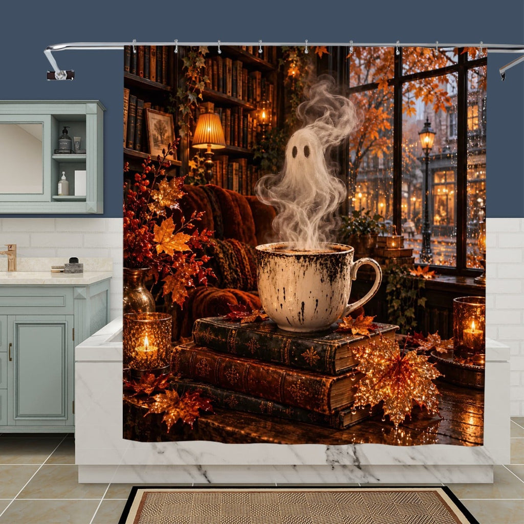 Coffee Ghost Shower Curtain - 72" x 72" Cute Halloween Open Door Print