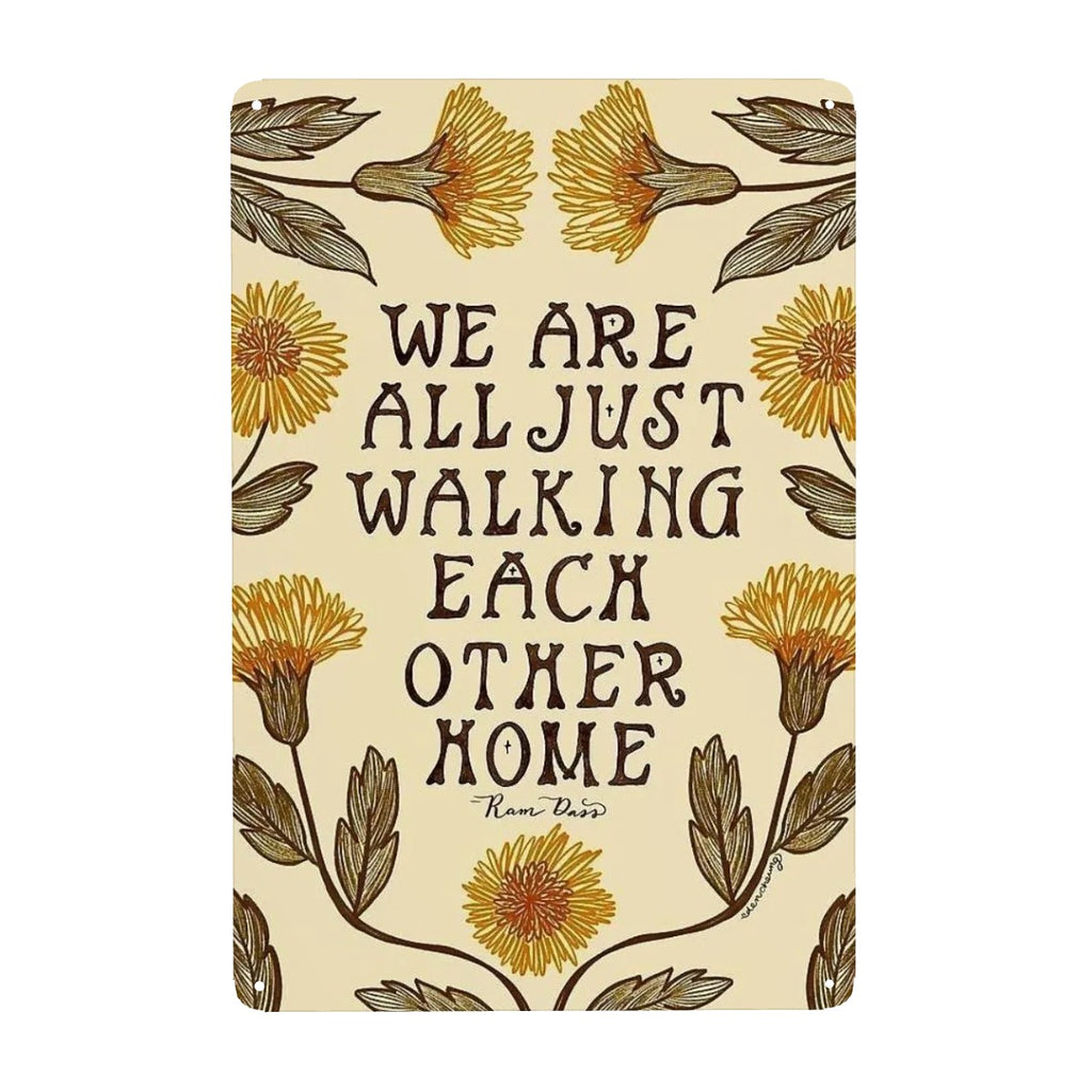Inspirational garden flag with yellow floral illustrations and Ram Dass quote.
