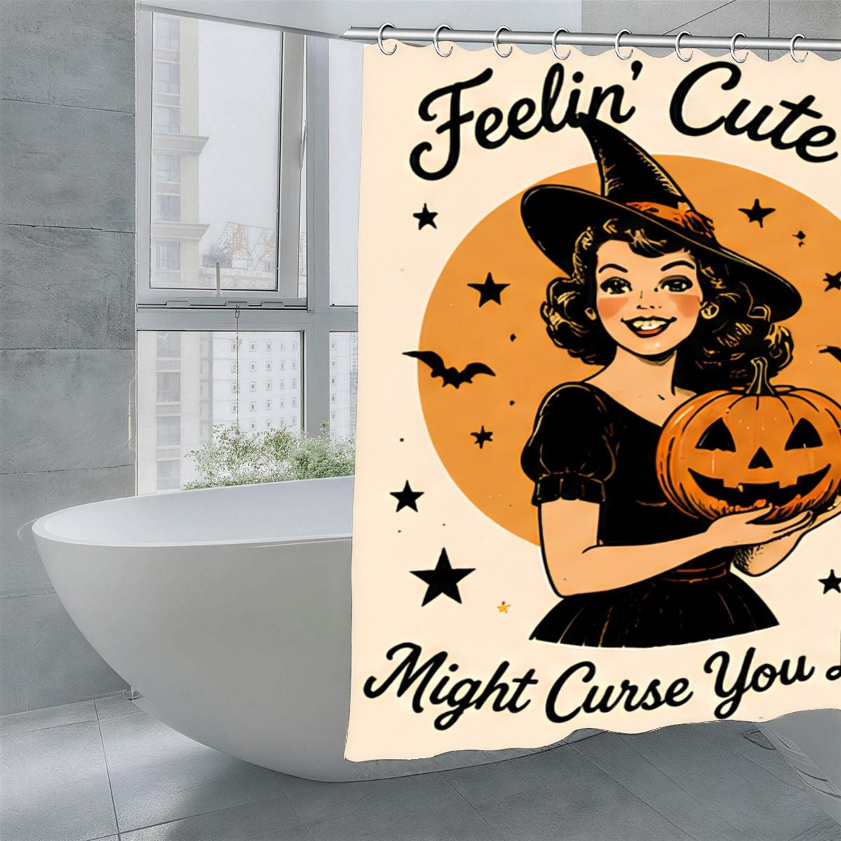 Halloween shower curtain featuring a cute witch holding a jack-o'-lantern pumpkin.