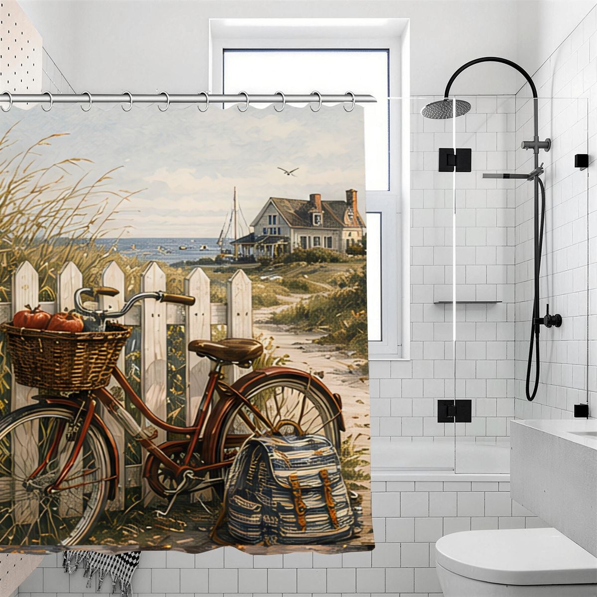 Coastal landscape shower curtain featuring a vintage bicycle with a basket by a seaside cottage.