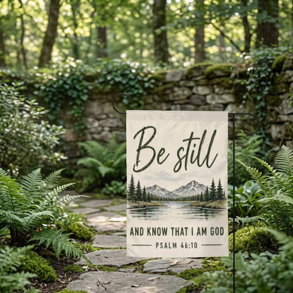 Be Still garden flag woodland garden mockup