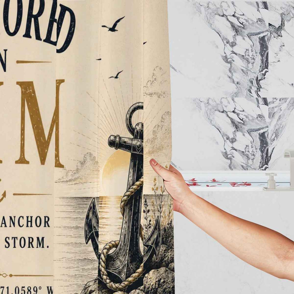 Anchored in Him Shower Curtain – Christian Nautical Bathroom Decor & Faith Gift