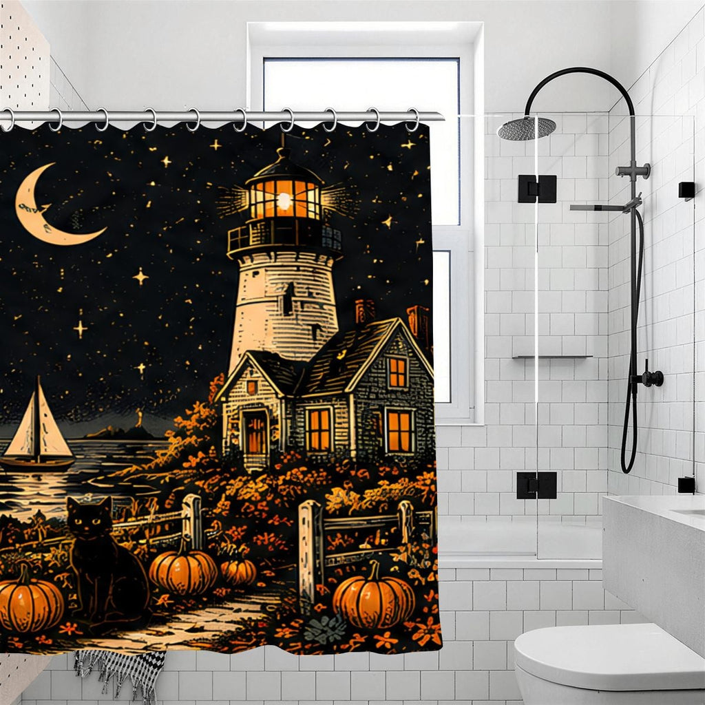 Night scene shower curtain featuring a lighthouse, crescent moon, and pumpkins by the sea.