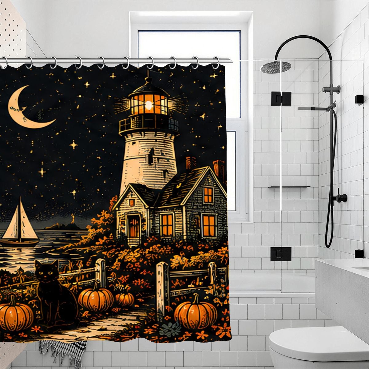 Night scene shower curtain featuring a lighthouse, crescent moon, and pumpkins by the sea.