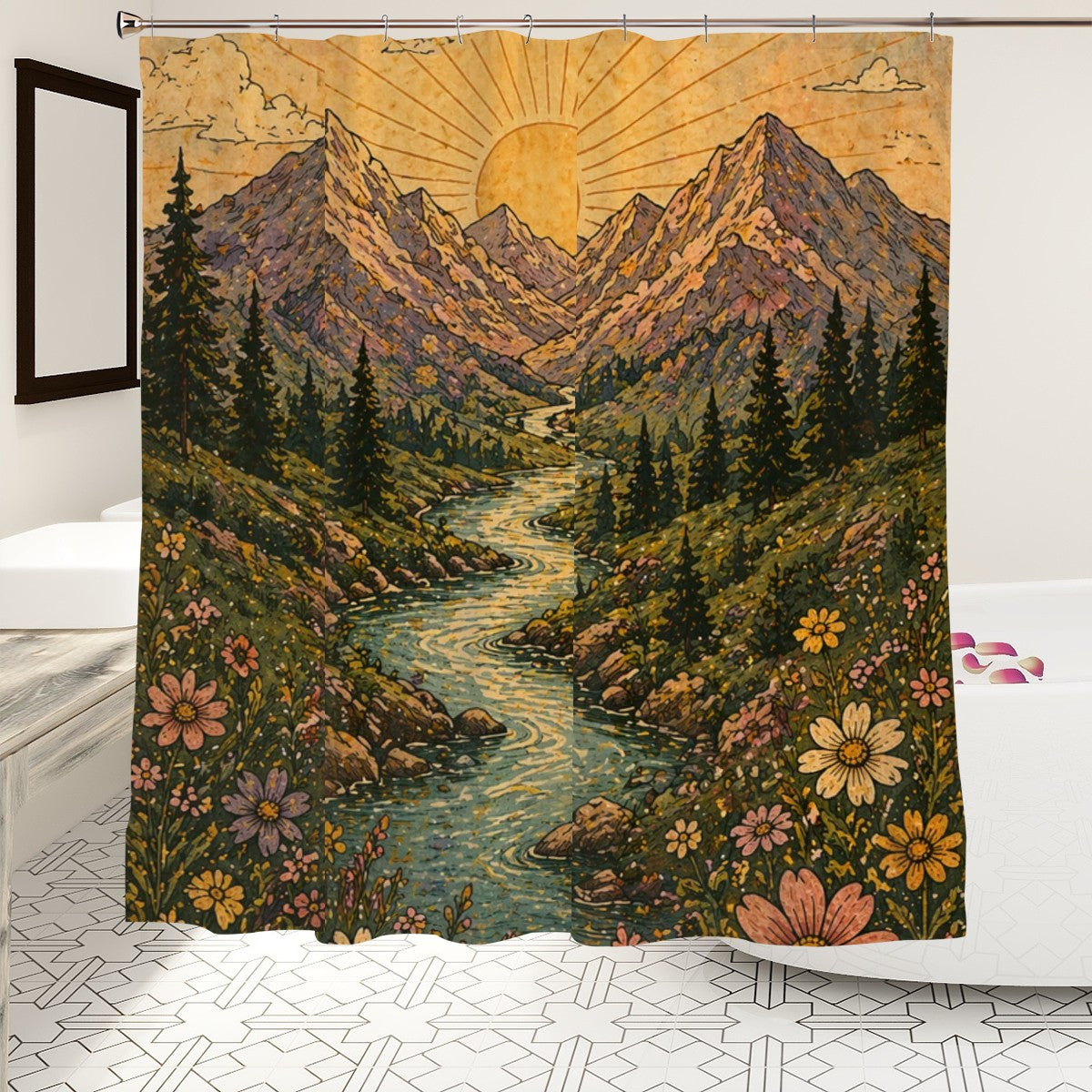 Sandy Beach bathroom decor shower curtain featuring a beach scene with waves and sand for a coastal-inspired bathroom style.