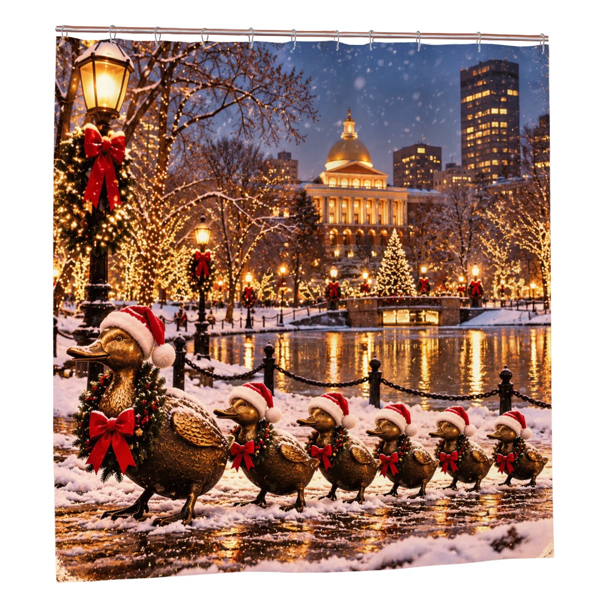 Boston Christmas Ducks Shower Curtain | Festive Winter Duck Parade