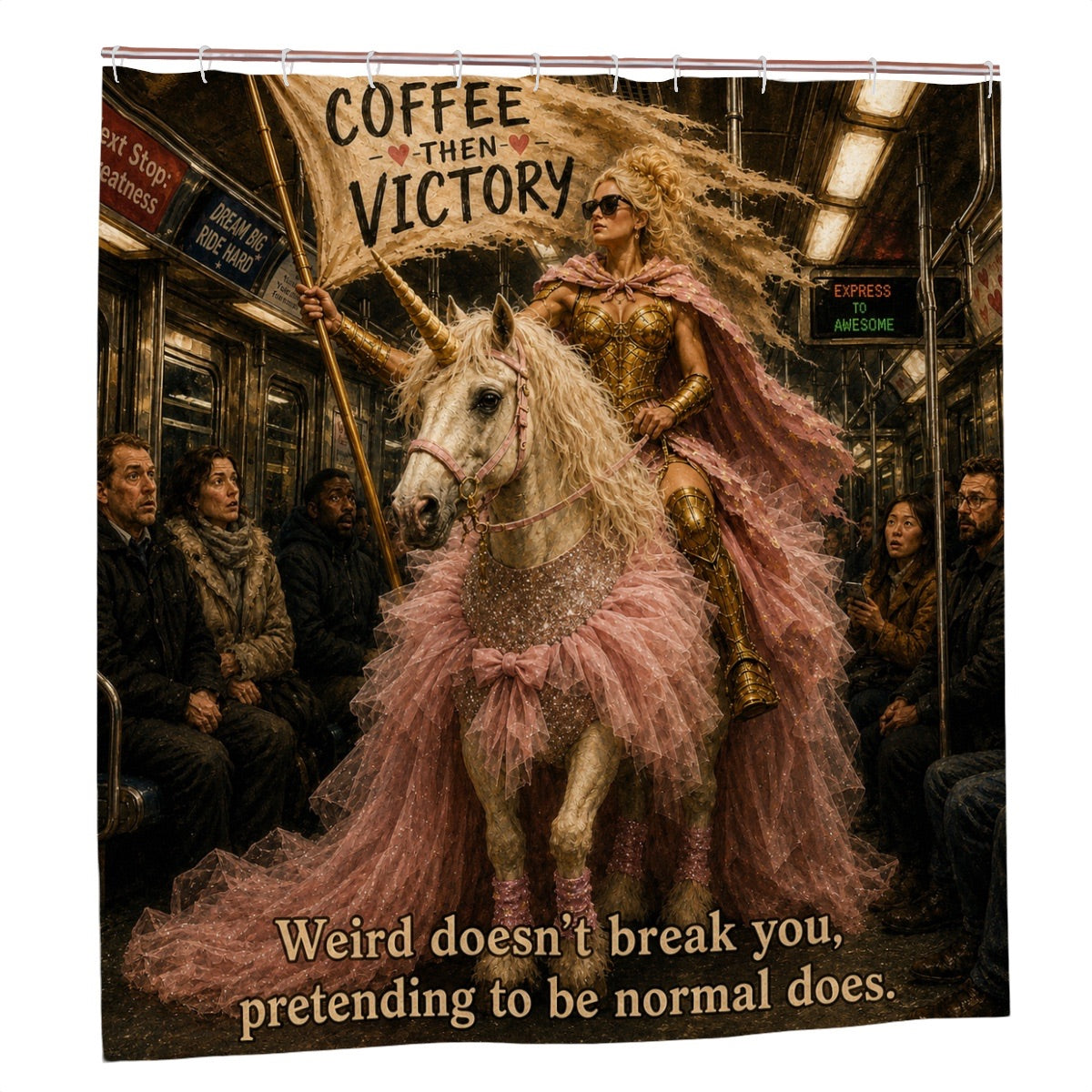 Weird Doesn’t Break You Shower Curtain – Unicorn NYC Subway Coffee Then Victory Quirky Bathroom Decor