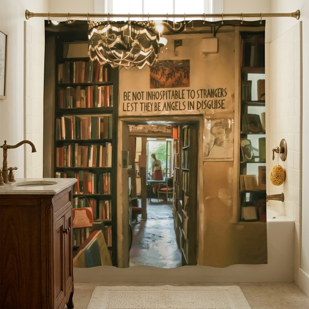 Bookshop shower curtain bathroom mockup