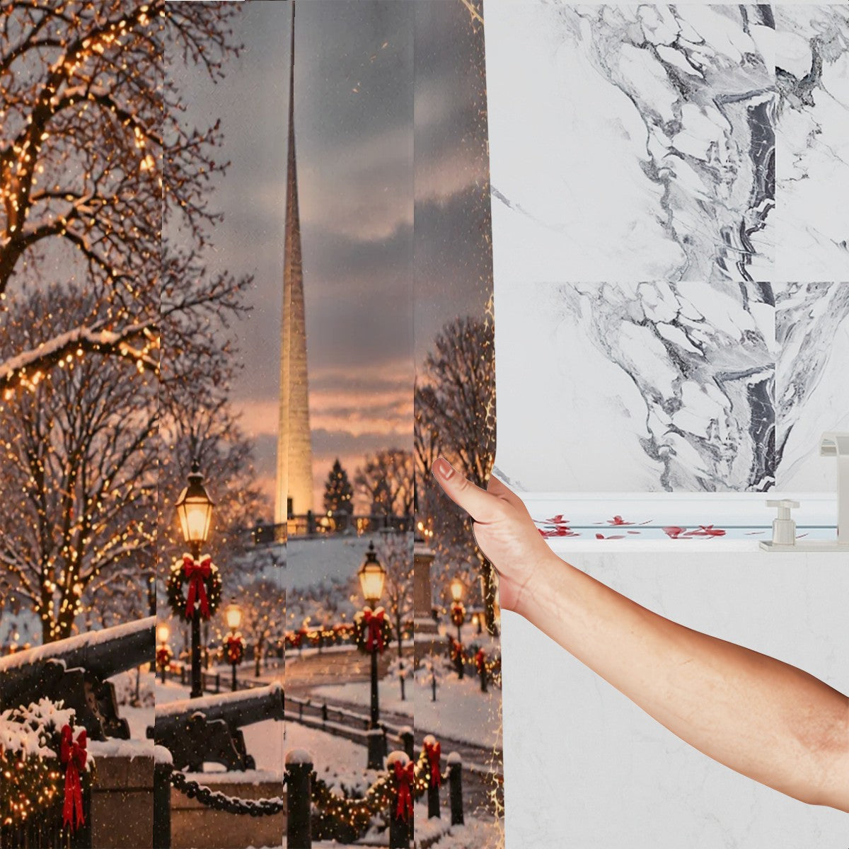 Vintage Christmas Bunker Hill Shower Curtain | Snowy City & Lantern Glow