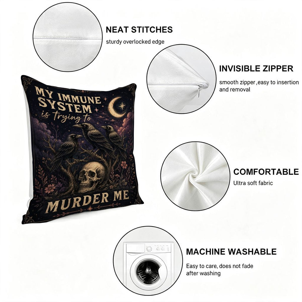 Gothic decorative pillow with skull and crows design featuring neat stitches and invisible zipper.