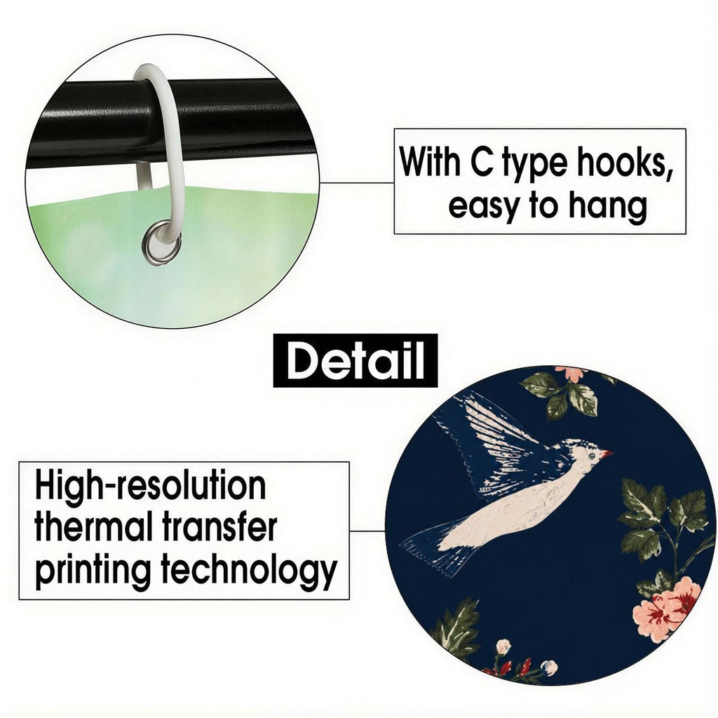 Close-up of C-type shower curtain hooks and high-resolution bird floral print detail.