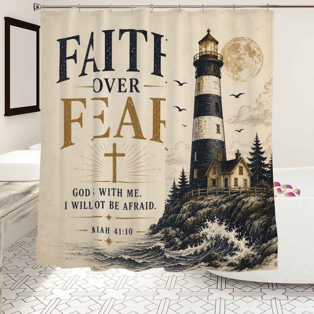 Faith Over Fear Shower Curtain – Isaiah 41:10 Christian Lighthouse Bathroom Decor