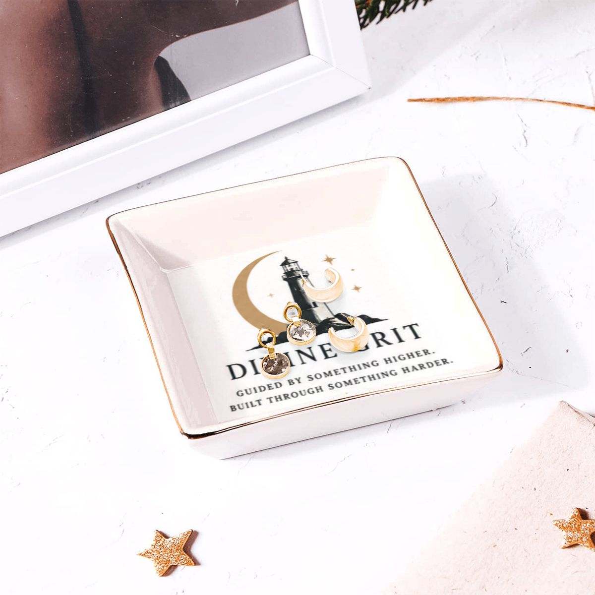 Gold Trim Ceramic Jewelry Dish — Divine Grit Lighthouse