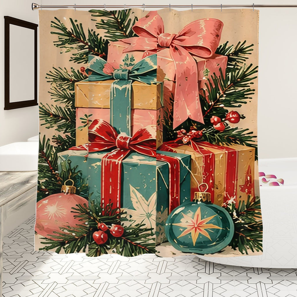 Vintage Christmas Presents Shower Curtain | Pink Bows & Retro Ornaments