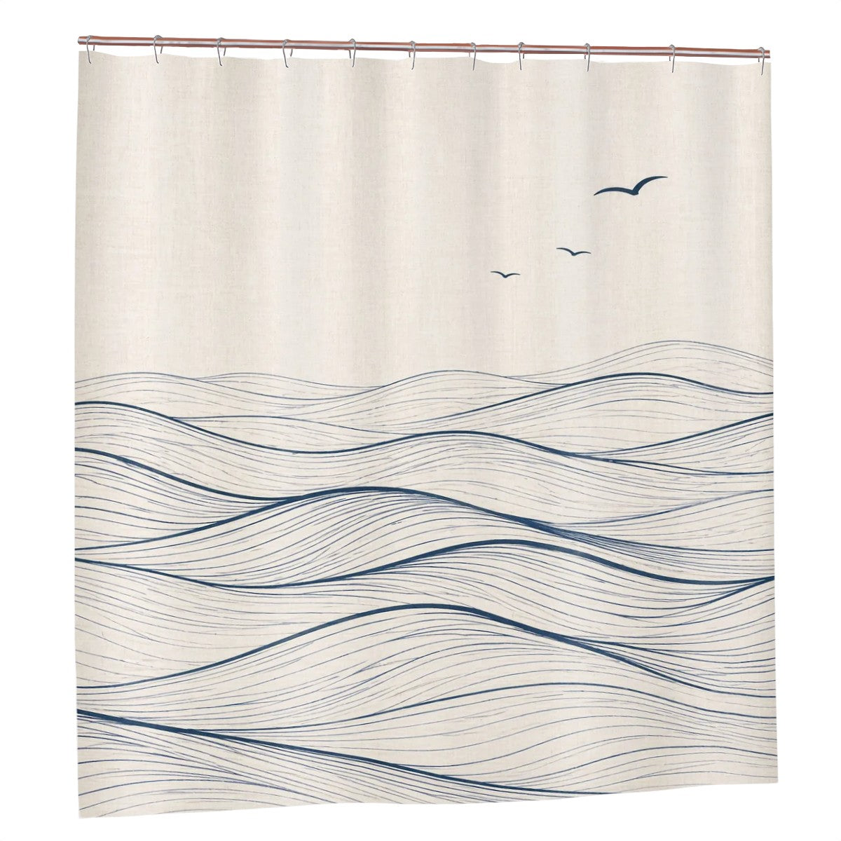Sandy Beach bathroom decor shower curtain with ocean wave pattern hanging in a modern bathroom setting