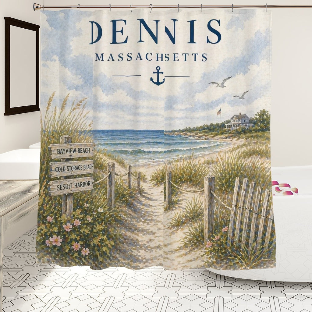 Sandy Beach bathroom decor shower curtain with ocean and sand scene, waterproof fabric, hangs on a metal rod in a modern bathroom setting.