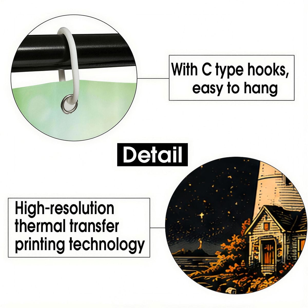 Detail view of C-type hooks for easy hanging and high-resolution thermal transfer printing.