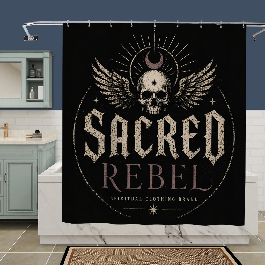 Sacred Rebel Gothic Shower Curtain featuring a spiritual skull wing design for dark mystic bathroom decor.