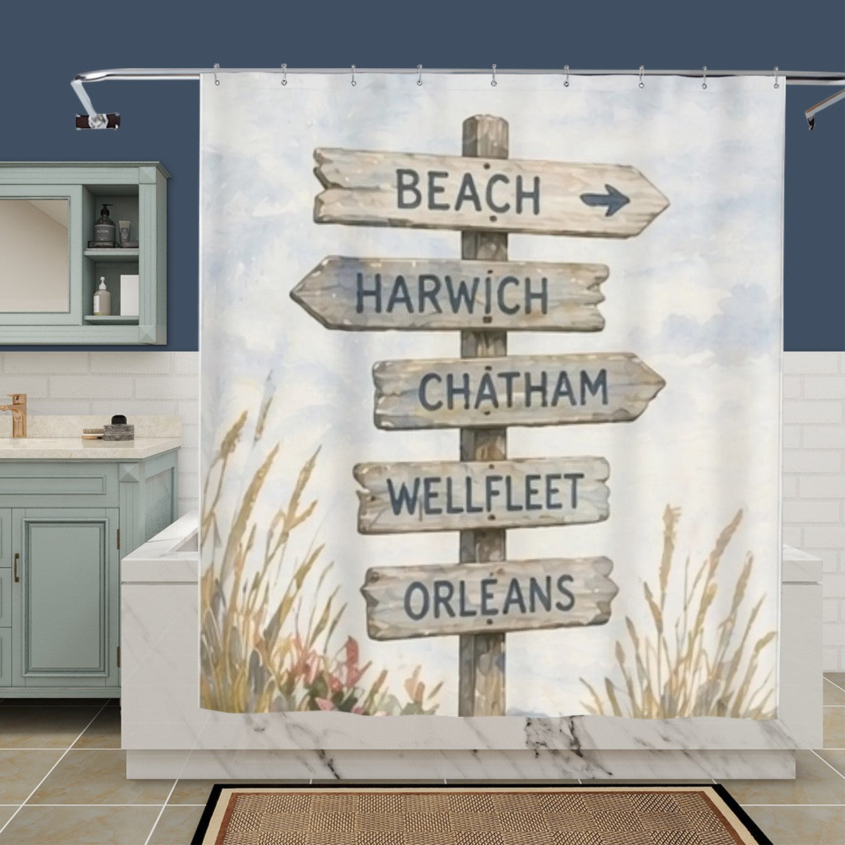 Sandy Beach bathroom decor shower curtain with ocean wave design, hangs in a modern bathroom setting.