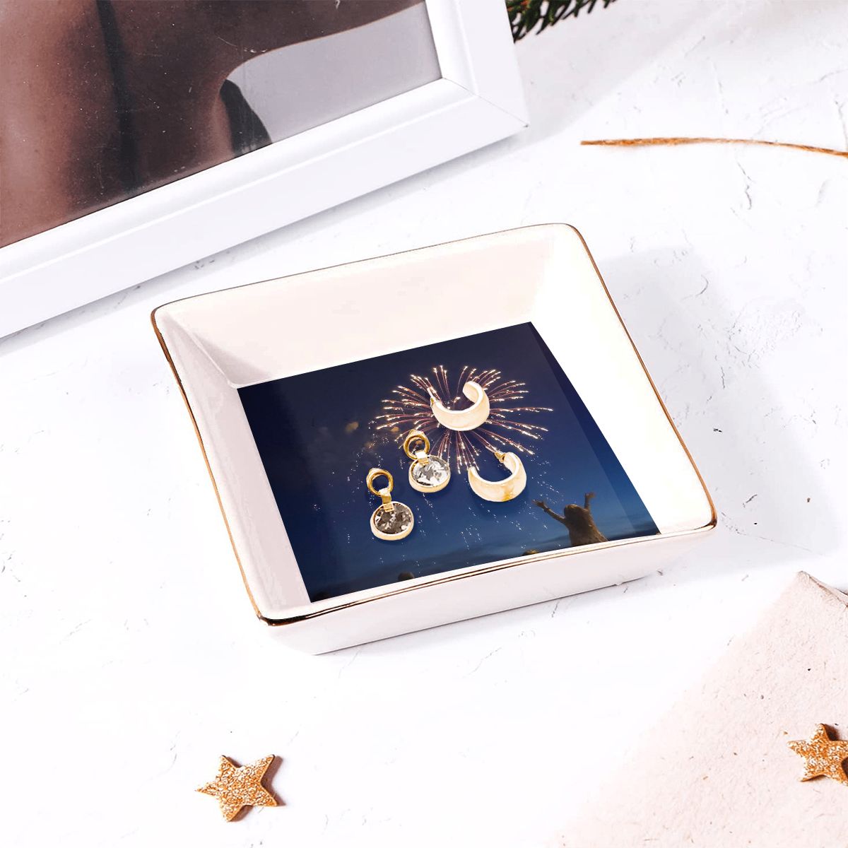 Fireworks Gold Trim Ceramic Jewelry Dish