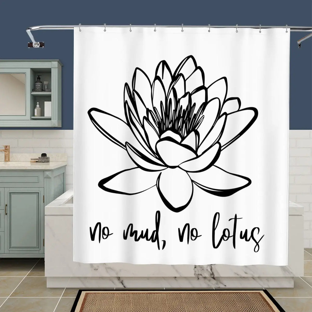 Sandy Beach No Mud No Lotus shower curtain with lotus flower design, ideal for bathroom decor, featuring vibrant colors and intricate details.