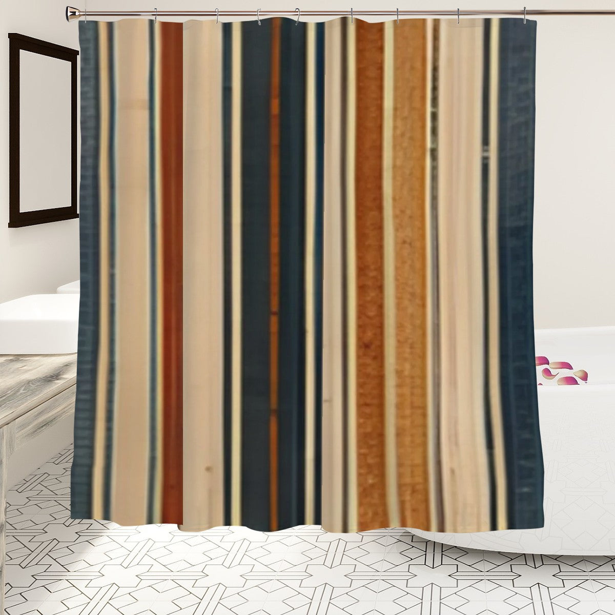 Vertical striped shower curtain in navy blue, terracotta, and beige tones.