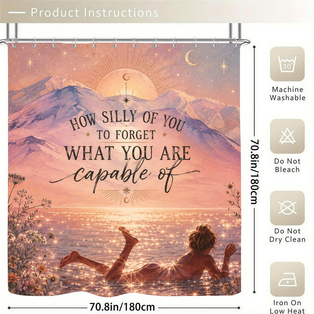 Inspirational quote shower curtain with mountain sunset and woman relaxing by the sea.