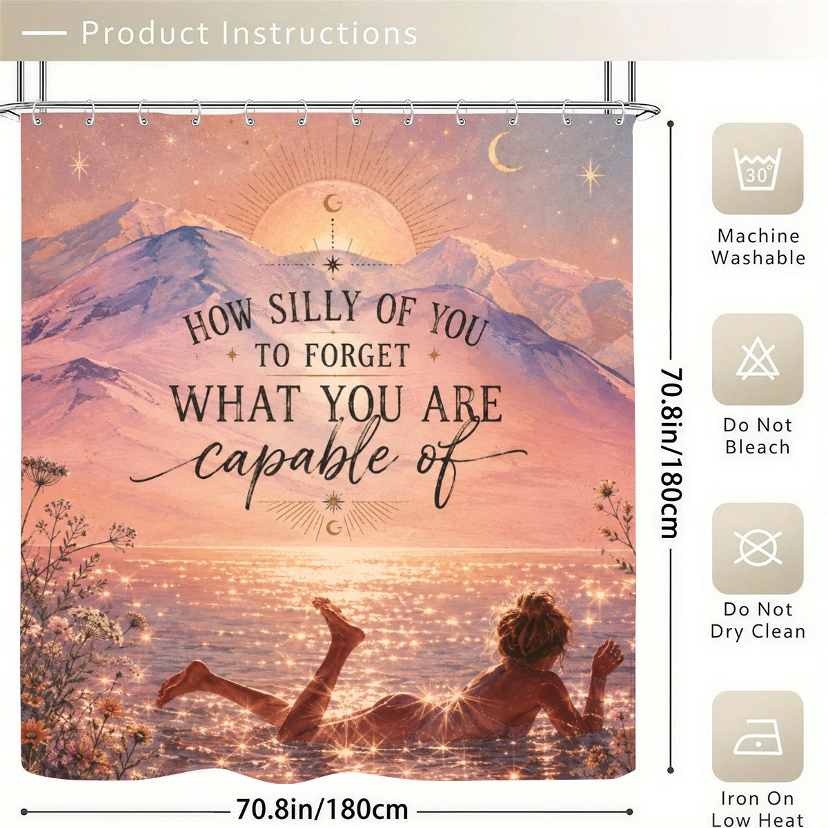 Inspirational quote shower curtain with mountain sunset and woman relaxing by the sea.