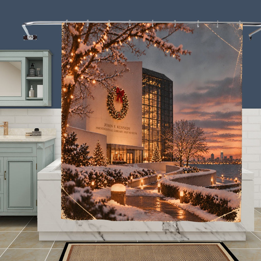 JFK Library Christmas Shower Curtain | Boston Waterfront Winter Scene
