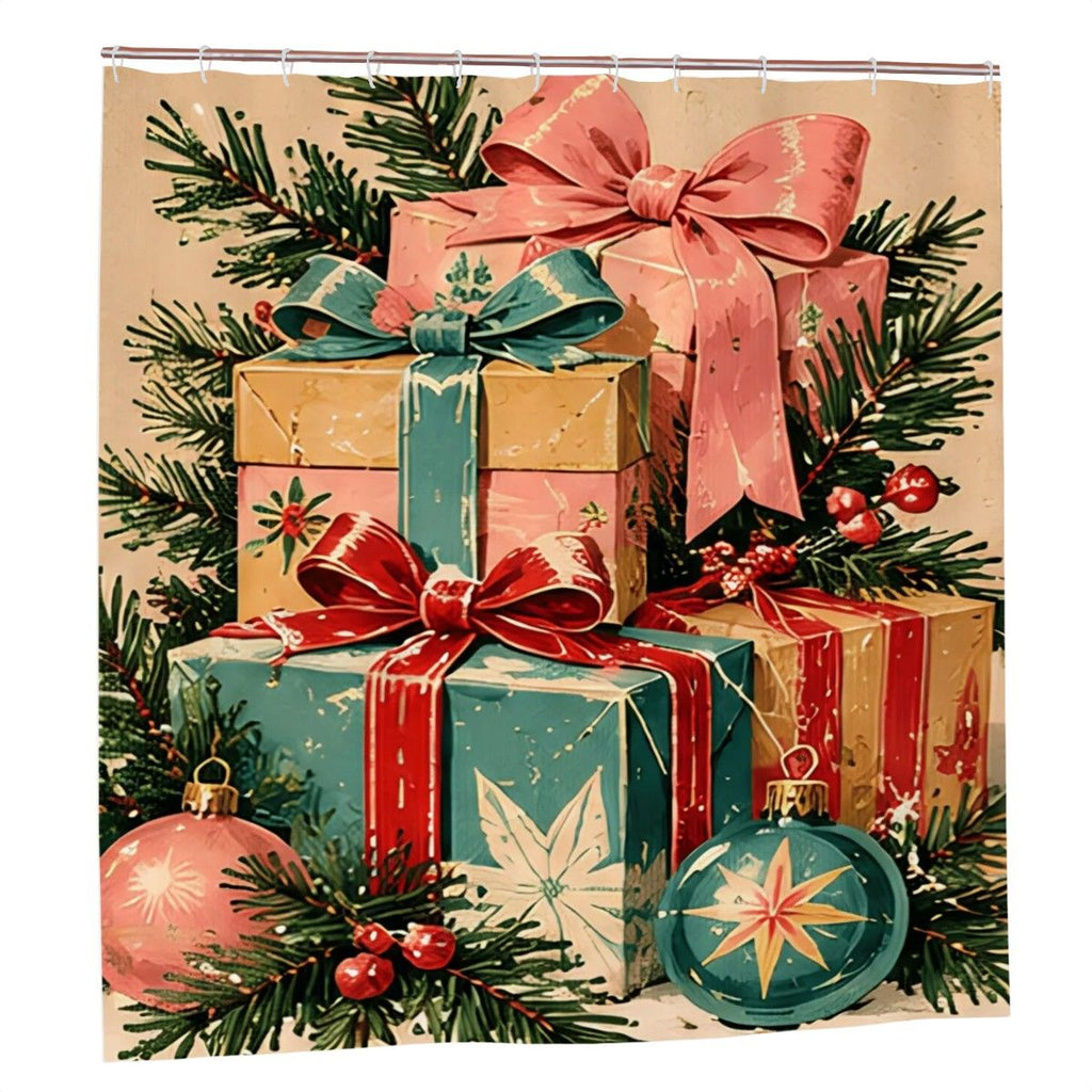 Vintage Christmas Presents Shower Curtain | Pink Bows & Retro Ornaments