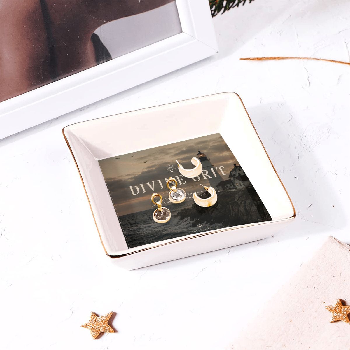 Divine Grit Gold Trim Ceramic Jewelry Dish