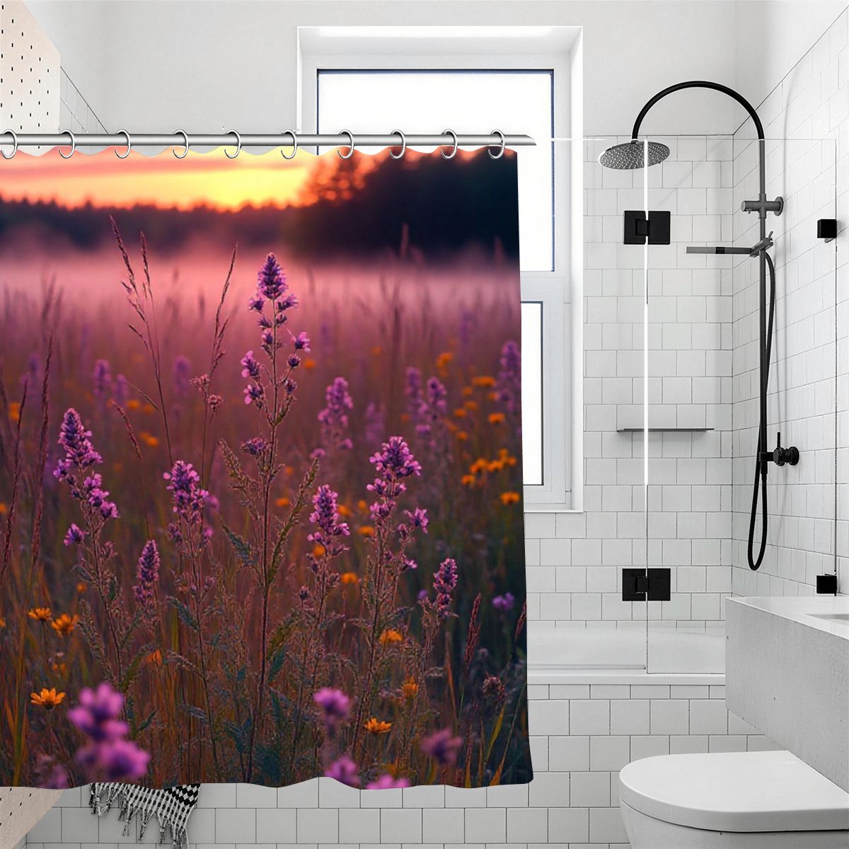 Shower curtain featuring a sunset meadow with purple wildflowers and tall grass.