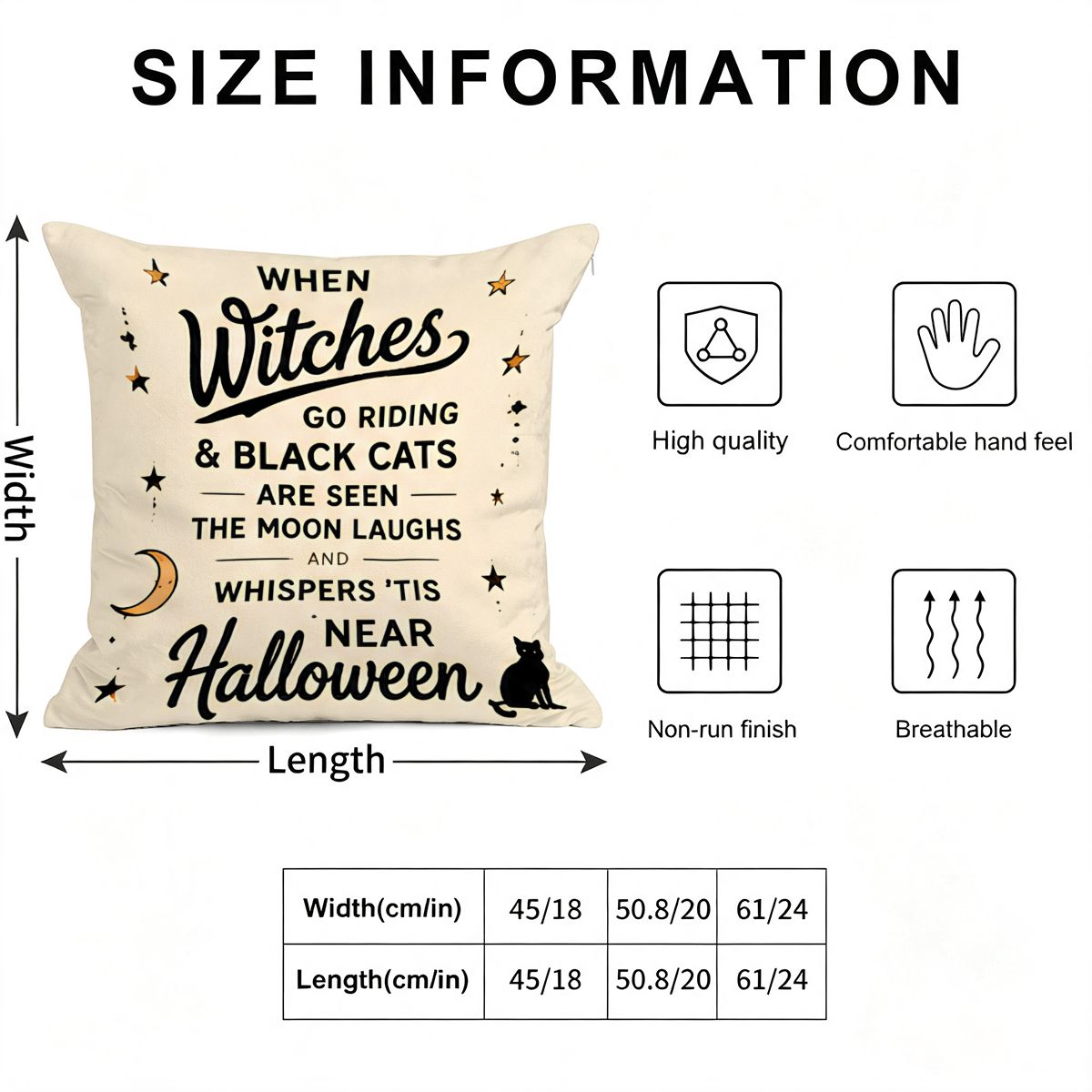 Halloween decorative throw pillow with witch and black cat text on cream fabric.