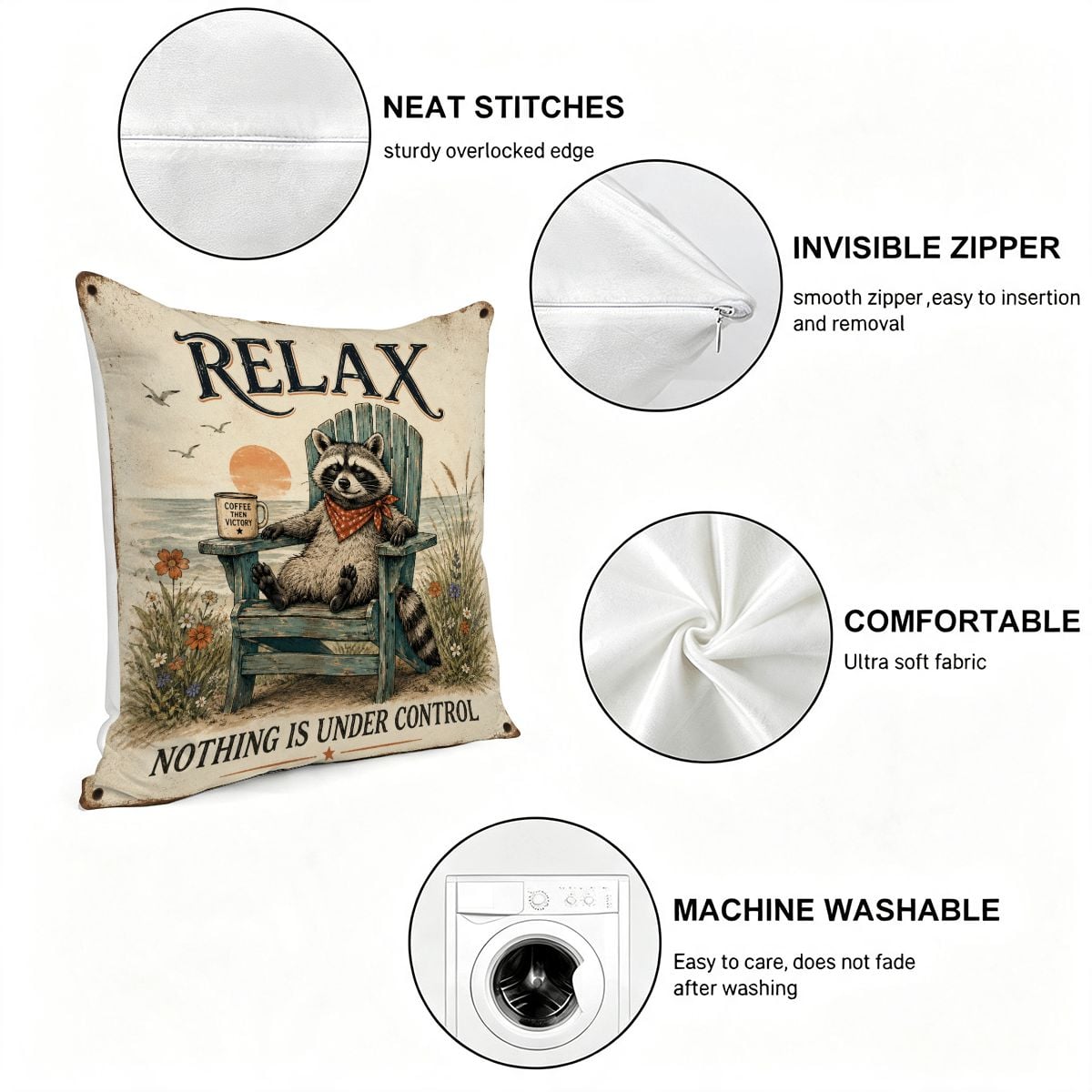 Decorative raccoon throw pillow with 'Relax Nothing is Under Control' text and fabric details.
