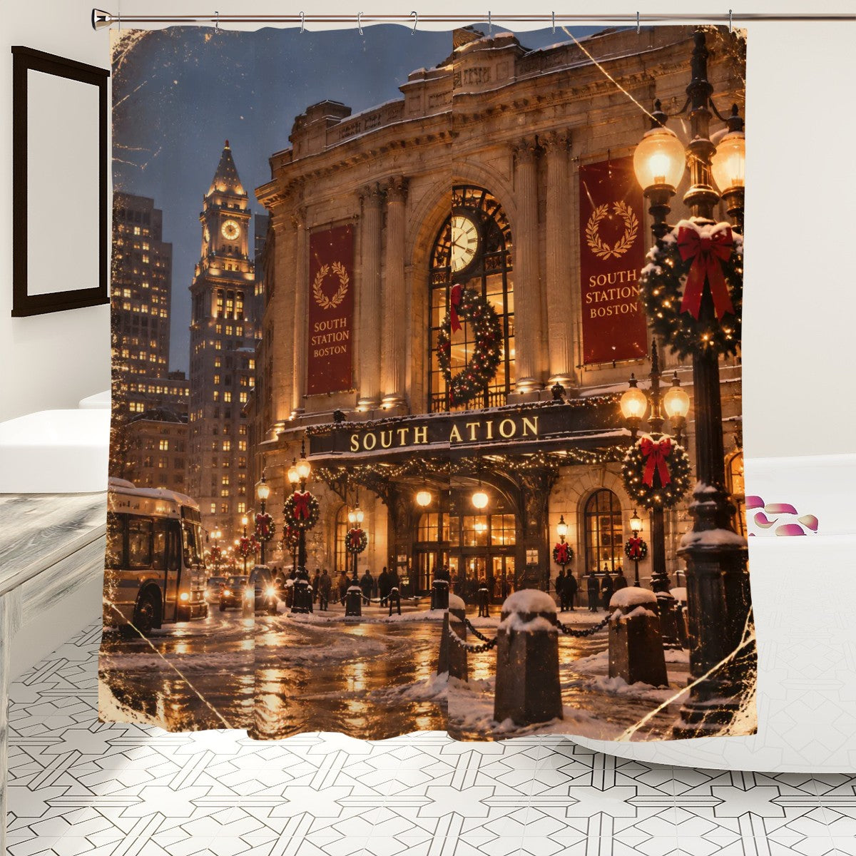 Boston South Station Christmas Shower Curtain | Winter Holiday Scene