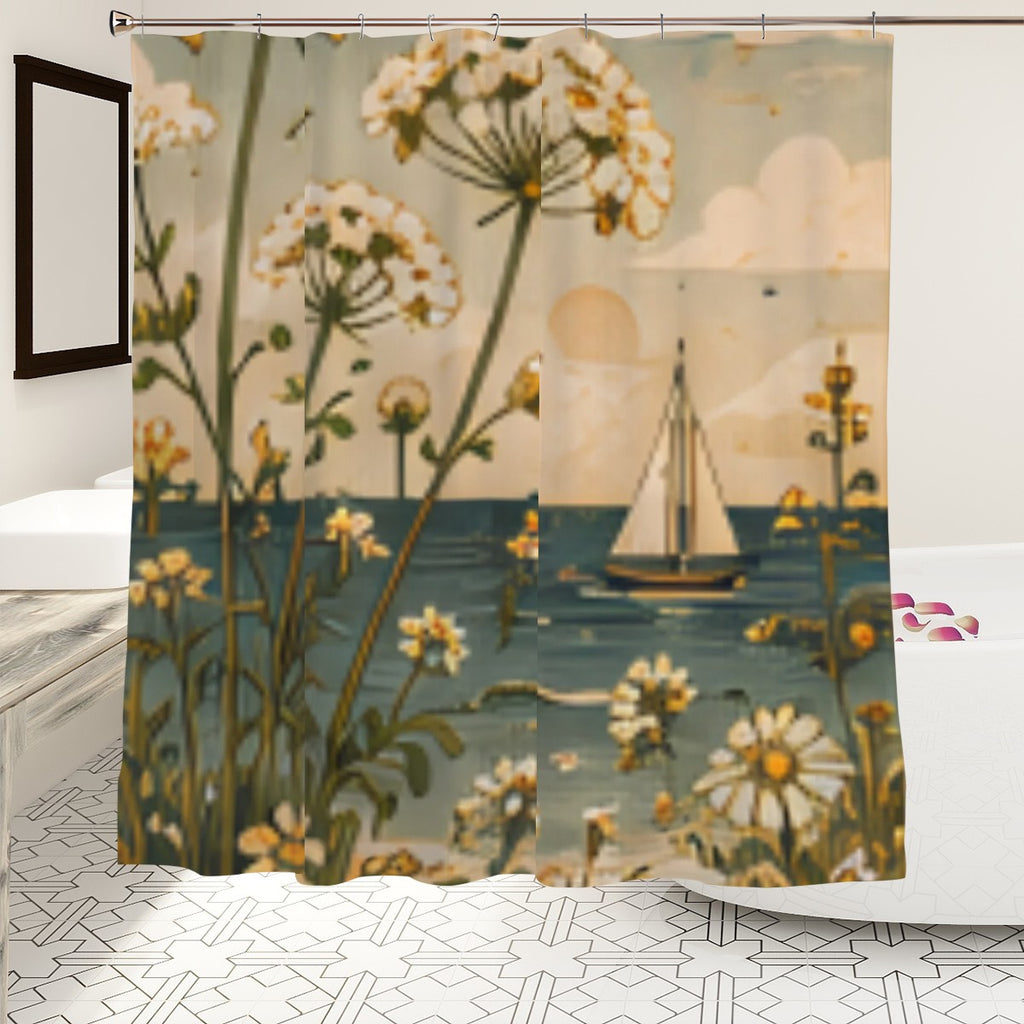 Coastal Wildflower & Sailboat Shower Curtain | Vintage Botanical Beach Bathroom Decor