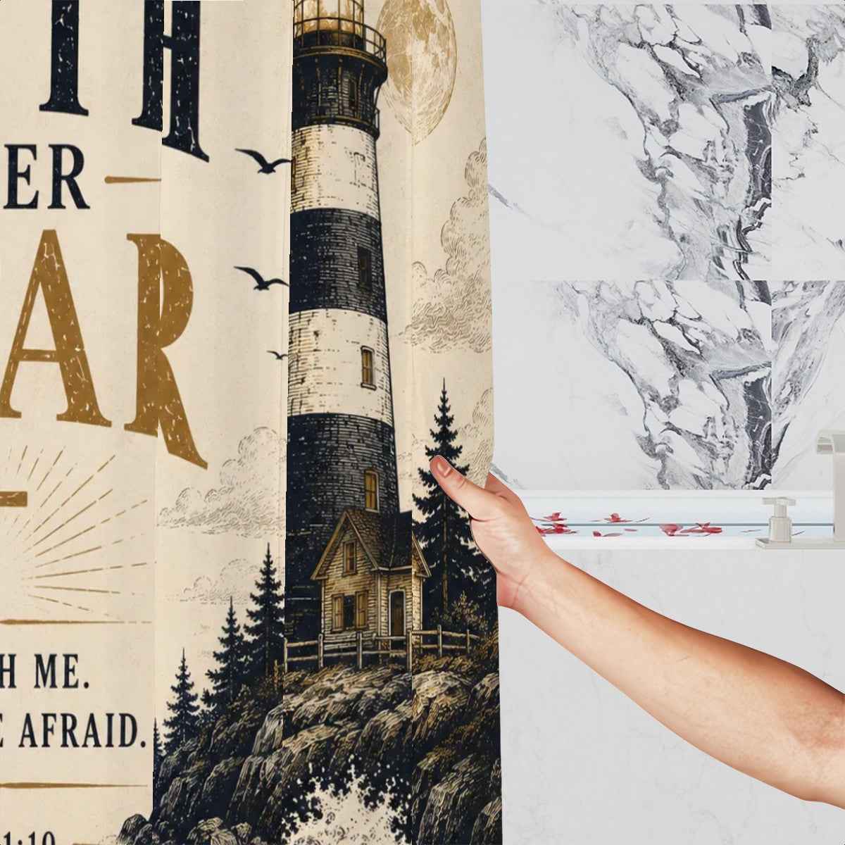 Faith Over Fear Shower Curtain – Isaiah 41:10 Christian Lighthouse Bathroom Decor