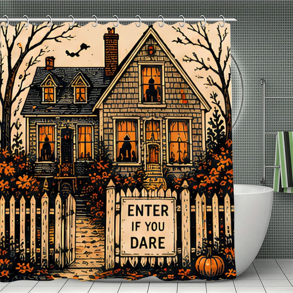 Spooky Halloween shower curtain featuring a haunted house with glowing windows and a picket fence.