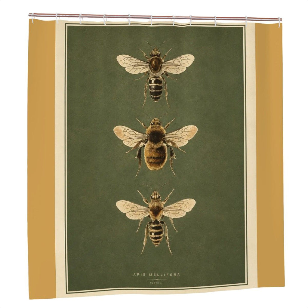 Vintage botanical shower curtain featuring three honey bee illustrations on a dark green background.