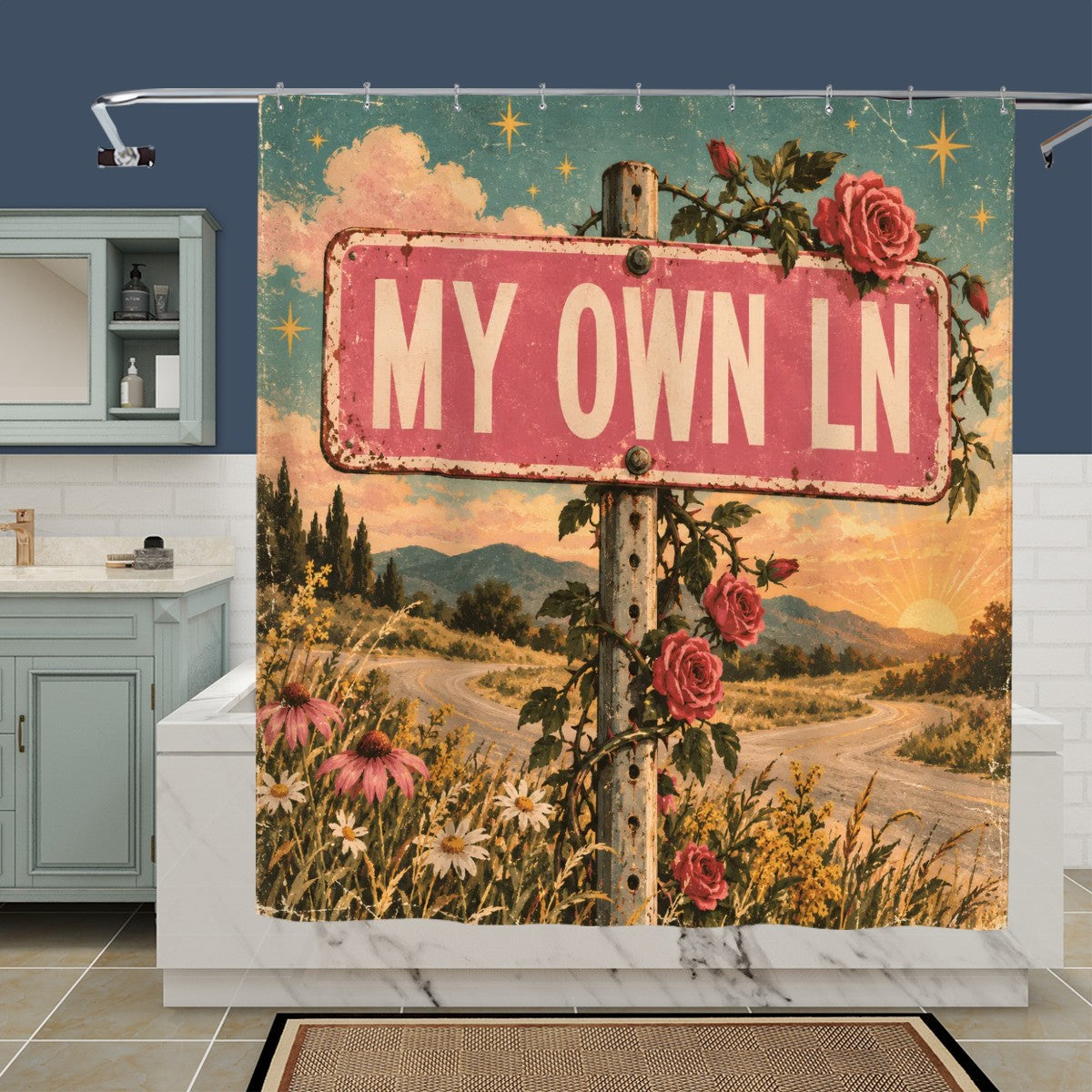 My Own Lane Shower Curtain - 72" x 72" Rustic Floral Road Sign Decor