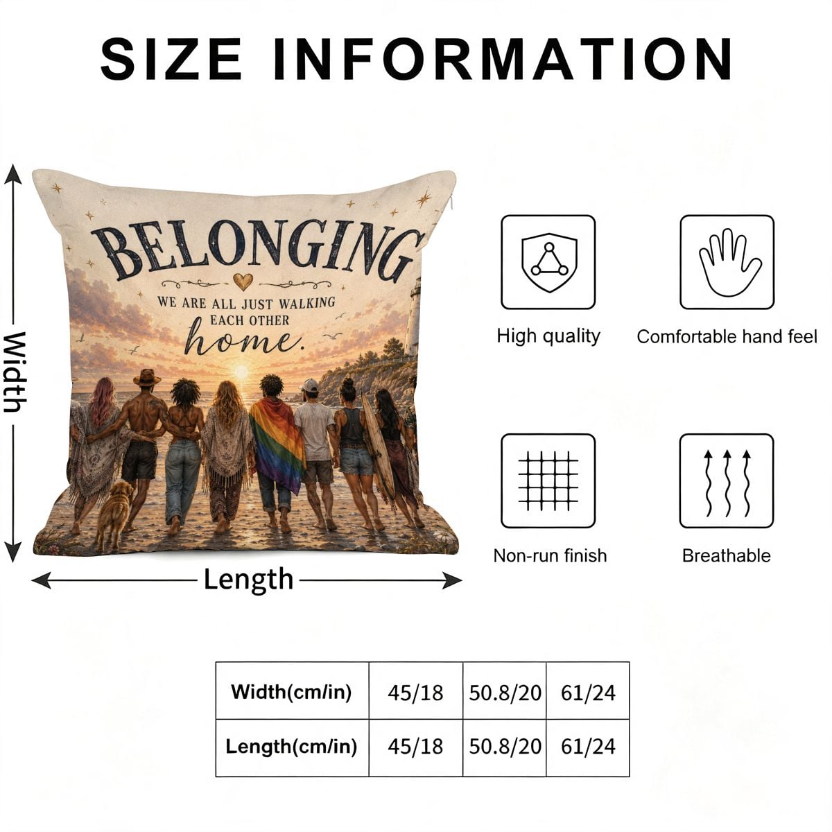 Size information chart for a diverse inclusive community themed decorative pillow cover.