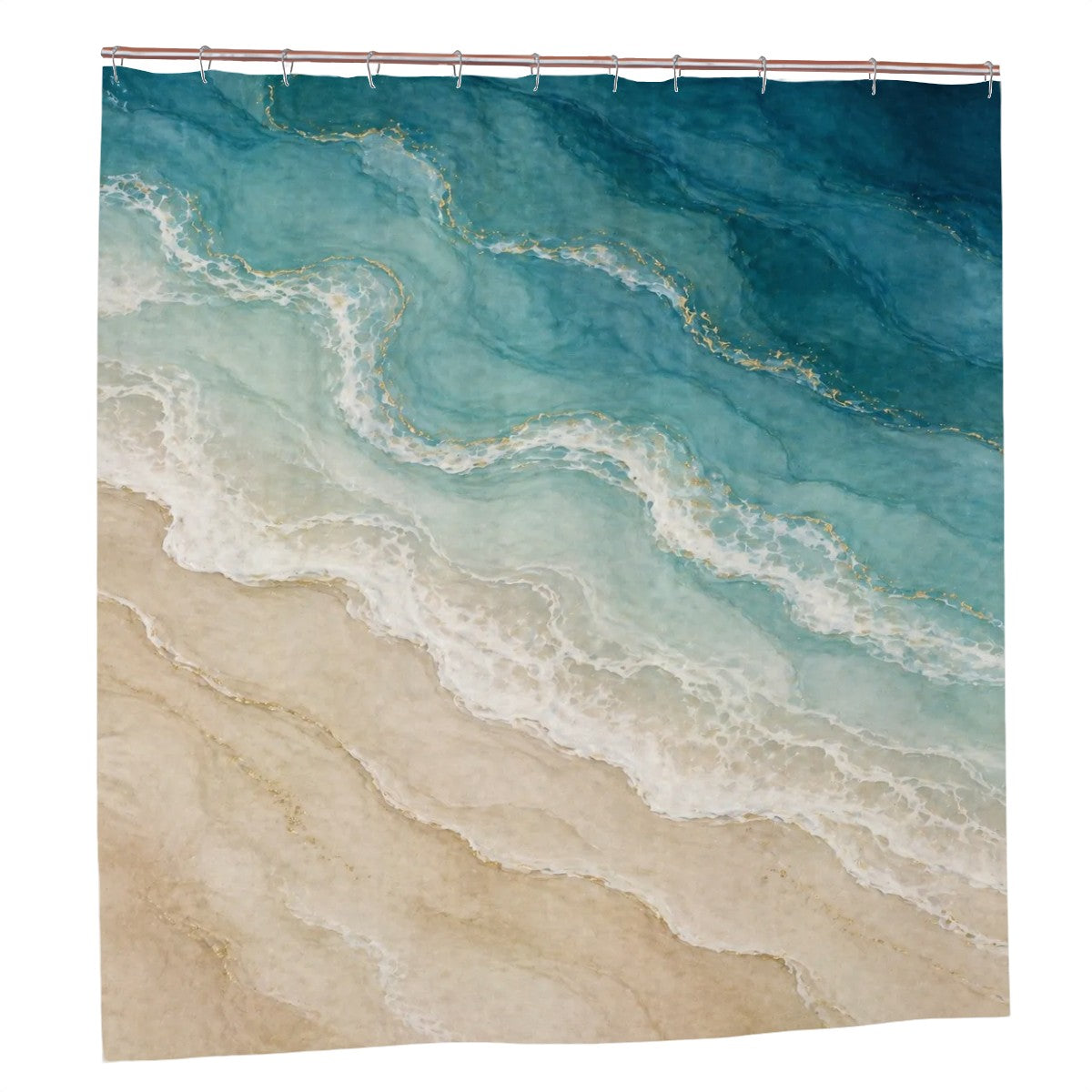 Sandy Beach bathroom decor shower curtain with tropical beach scene, vibrant colors, and waterproof fabric for a stylish bathroom update.
