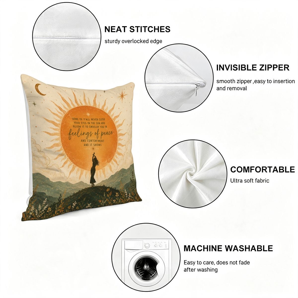 Decorative throw pillow with sun and mountain landscape art, featuring soft fabric and zipper.